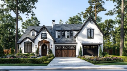 Obraz premium A beautiful Gothic-style house in white and black, adorned with dark wooden accents and a sophisticated wood garage door