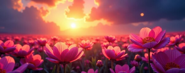 Sunrise over endless cosmos, soft light on petals, yellow, floral, dawn