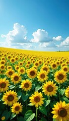 Vast sunflower field, vibrant yellow under blue cloudy sky, summer, image, day