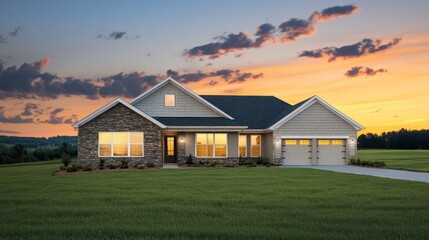 Obraz premium A beautiful single-story home with expansive windows and stone detailing on the facade