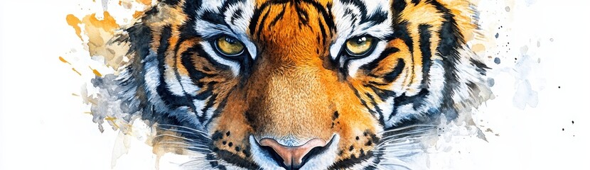 Vibrant Watercolor Tiger Portrait: Ferocious Wildlife Art with Exotic Detail