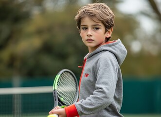 A young boy playing tennis on a green court, holding a racket and ball, posing for the camera