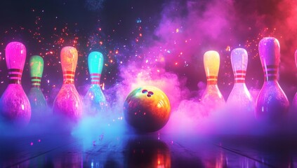 Colorful bowling pins and ball in neon light