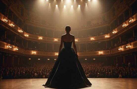 Naklejki Rear view opera singer in long black dress on stage of grand theater performing before attentive audience. Spotlight shines on woman. Backstage, interior of luxury concert hall with sophisticated