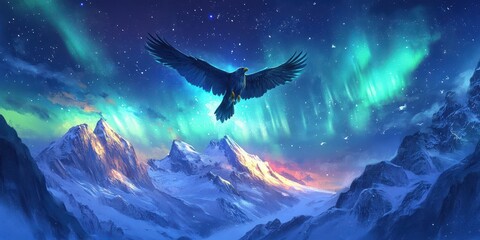 An eagle soaring over snow covered mountains beneath the northern lights