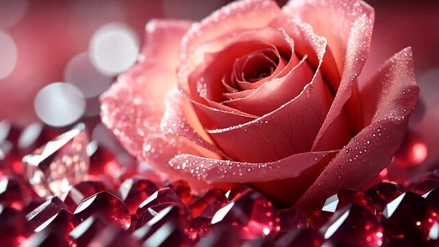 Close-up of a dew-kissed pink rose surrounded by sparkling gems