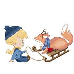 Little boy and fox in winter