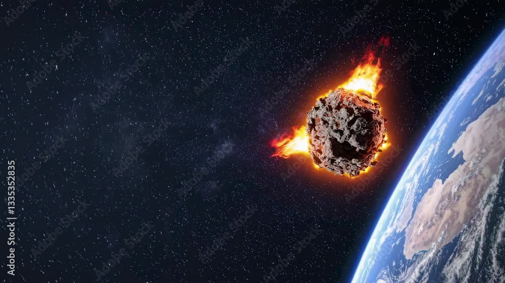 Poster flaming meteor with rocky surface entering planetary atmosphere, surrounded by intense fire and plas