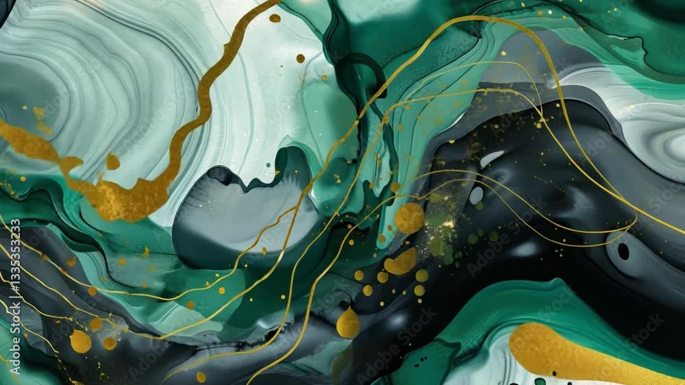 Poster abstract fluid art dynamic green and gold metallic swirling patterns create luxurious visuals with v