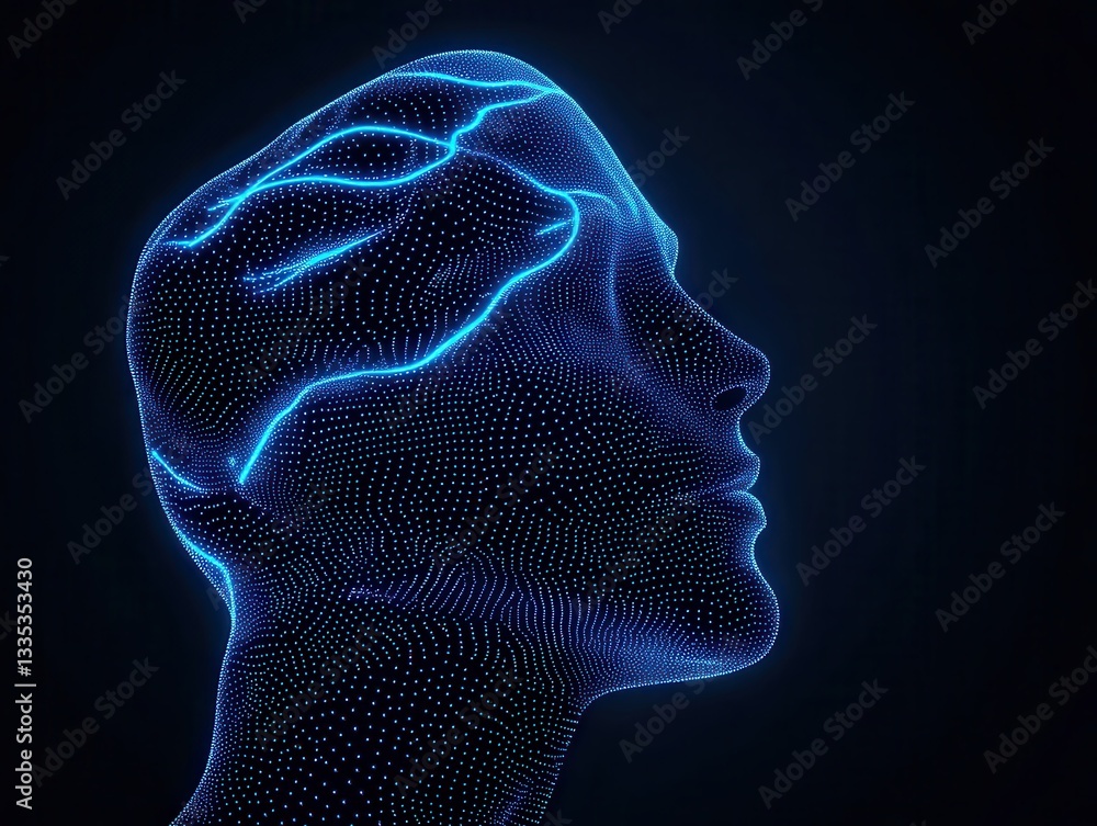 Poster futuristic digital representation of a human head with glowing neural patterns