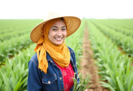 Joven agricultora de pie en un campo verde agr&iacute;cola