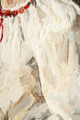Embossed pasty oil paints and reliefs. Primary colors: ocher, white, pink.  Abstract art.