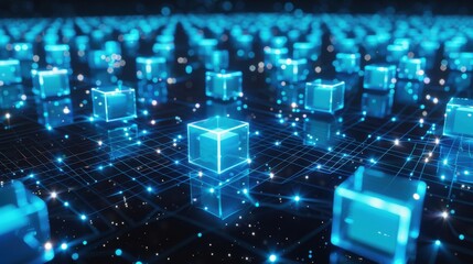 Obraz premium Glowing blue cubes float in the dark, connected by bright lines. Distributed computing nodes, photorealistic, abstract tech.