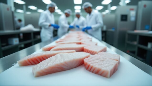 Filetes de pescado movi&eacute;ndose sobre una cinta transportadora en una planta procesadora de mariscos, ambiente limpio, preparaci&oacute;n y envasado de alimentos optimizados