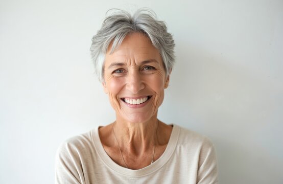 Happy mature woman portrait on white background. Cheerful face, smile and healthy skin reflects positive emotion, joy of life and inner peace. Beauty, confident and attractive look of mid age female.