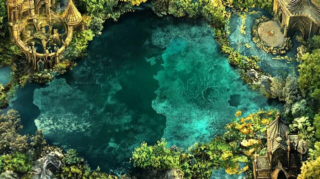 Serene Lake surrounded by Lush Greenery and Enchanting Structures Animated Aerial View