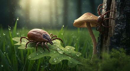 Obraz premium Tick on Leaf and Mushroom in Forest with Sunlight Illustration