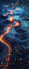 Obraz premium Online payment rivers of light flow into a glowing data ocean abstract art with blue waves and scattered orange particles.