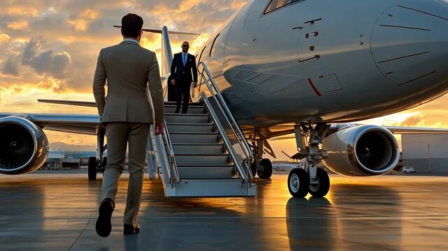 Businessman Boarding Private Jet at Sunset
