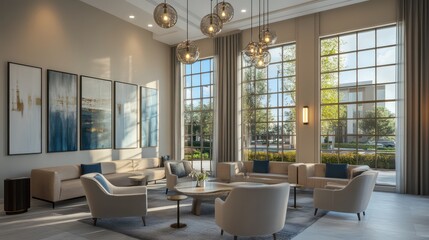 Fototapeta premium A contemporary apartment complex lounge area with oversized windows allowing the sunlight to fill the space