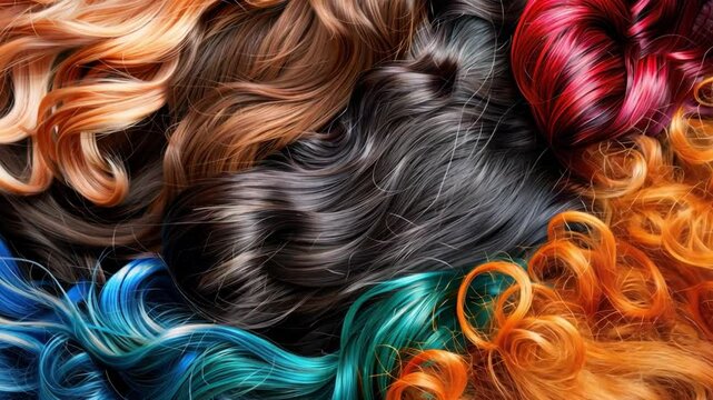 Vibrant Assortment of Colorful Hair Extensions Showcases Variety of Textures and Shades, Including Red, Black, Blonde, and Blue, Creating Visually Striking and Dynamic Composition
