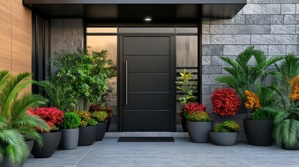 Fototapeta premium A contemporary front door with black aluminum frames and gray stone walls