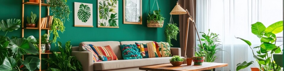 Contemporary Home Decor. Modern Living Room with Bold Colors, Elegant Furniture, and Artistic Details. Interior Design and Real Estate Concept with Copy Space. Real Estate and Home Decor Concept.