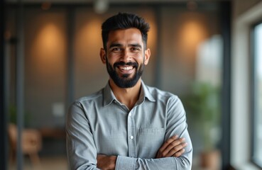 Naklejka premium Headshot of young happy Indian business man with beard looking at camera. Eastern male professional entrepreneur poses in office with folded arms. CEO, confident leader, adviser, owner small company.