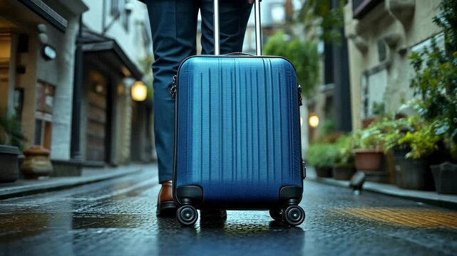 A lone traveler with a blue suitcase walks down a rainy street in a foreign city, reflecting on their journey ahead.