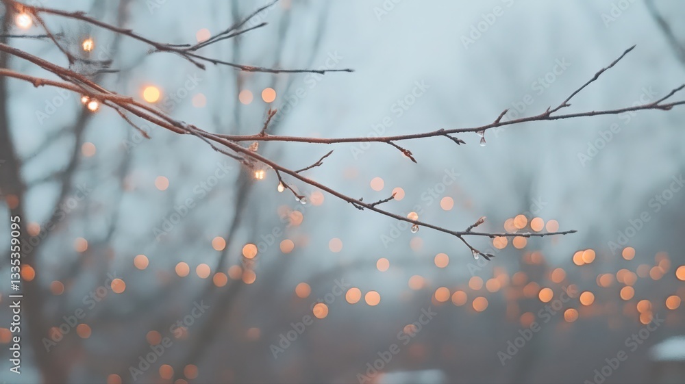 Poster rain-covered branches with warm string lights in a dreamy winter setting