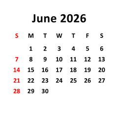 june 2026. Calendar with holydays or red dates. monthly calendar design with week starts on sunday. printable, simple, and clean vector design isolated on white background.
