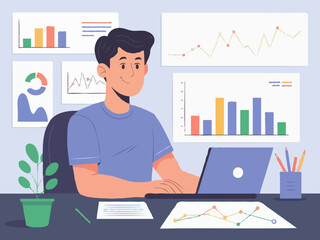Data Analyst in Workspace - Vector Illustration