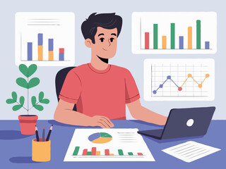 Data Analyst in Workspace - Vector Illustration
