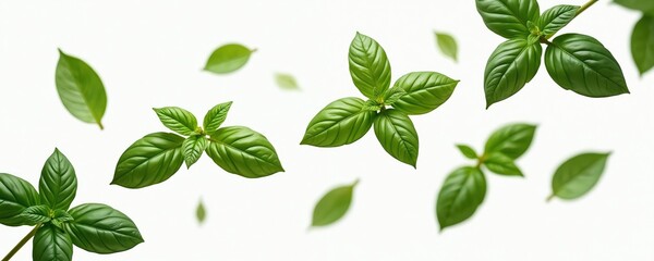 Fototapeta premium Scattered vibrant green basil leaves isolated on white background. Aromatic herb close-up. Cooking ingredient for culinary, cuisine. Fresh raw twig, branch for salad, herbal tea, pesto sauce. Macro