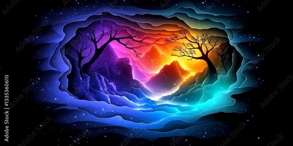 Aufkleber a digitally rendered multilayered dreamscape with ethereal trees and nebula