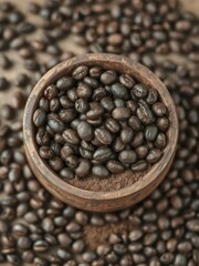 Fototapeta premium Rustic bowl brimming with dark roasted coffee beans and ground coffee, isolated, detail