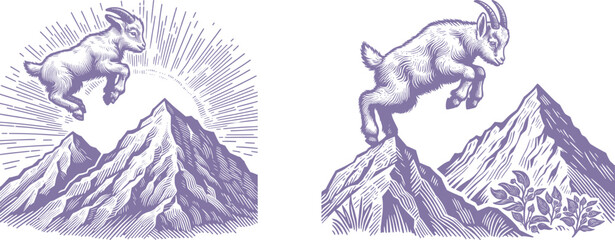 color Baby Goat Leaping Between Mountain Peaks: Engraved Linocut Artwork of Nature’s Brave Jump baby goat, mountain peak, jumping goat, linocut, woodcut, clean line art, detailed illustration, black 