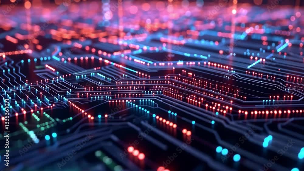 Poster vibrant futuristic circuit board with glowing red and blue lights showcases advanced technology and 