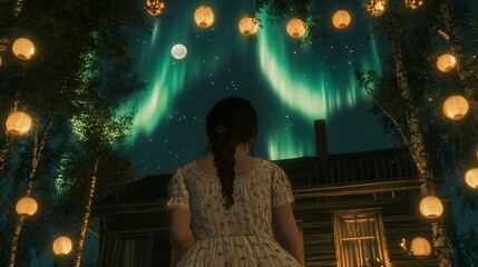 A woman watches the aurora borealis from a wooded yard