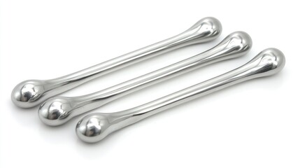 Three chrome-plated, rounded-end, metal rods on white background