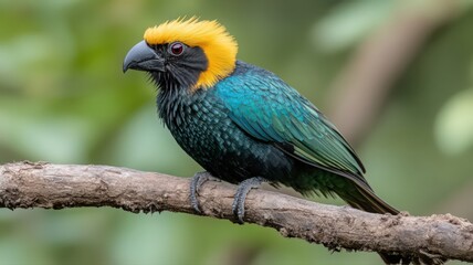 Obraz premium Yellow-Crested Bird Perched on Branch
