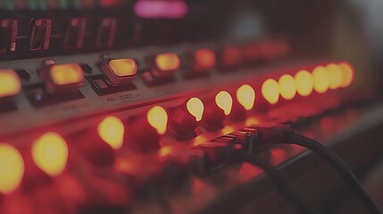 Close-up of illuminated audio mixing console buttons and connectors.