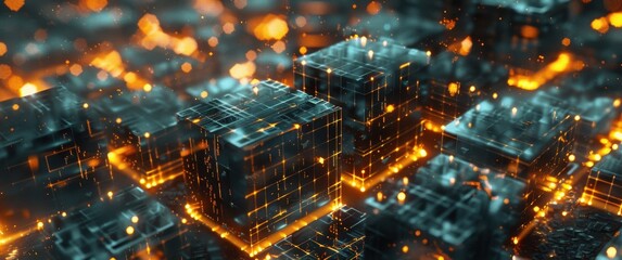 Naklejka premium Abstract visualization of blockchain encryption interconnected cubic structures with glowing cryptographic hashes flowing between nodes blur.