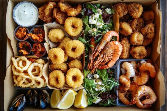 Seafood appetizers Overhead view of a container with various seafood items like fish bites fritters shrimp squid mussels and assorted salads
