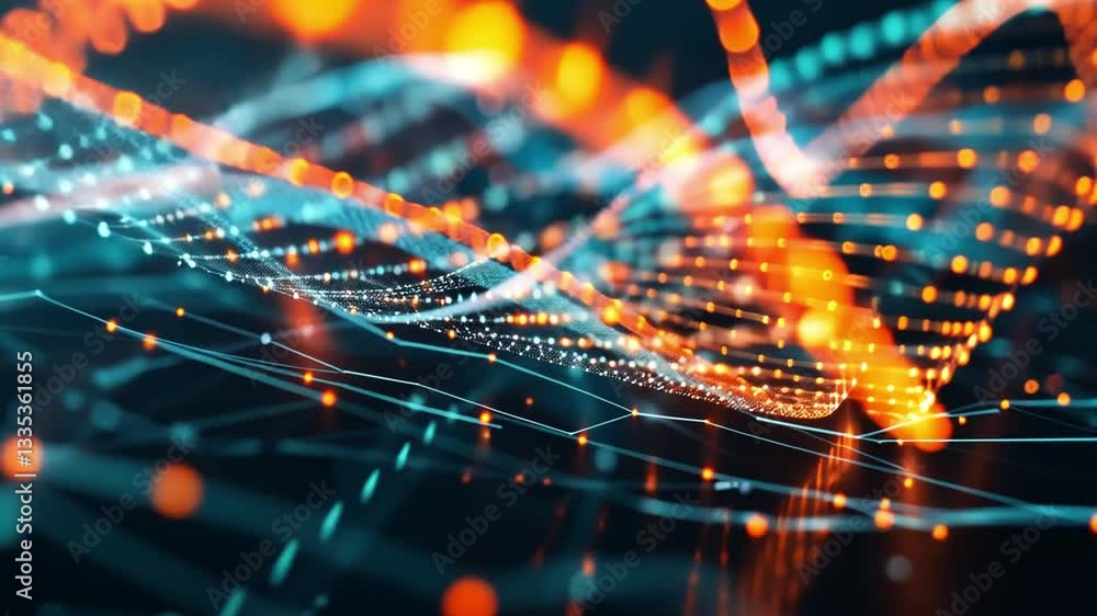 Poster dynamic abstract digital wave pattern with glowing orange and blue lights creates futuristic and ene
