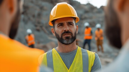 A construction worker in a yellow helmet and vest is engaged in discussion with colleagues at a site, showcasing teamwork and safety in the industry.