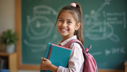 Smiling schoolgirl with backpack holding exercise books near blackboard. Happy pupil with casual attire looks at camera. Back to school theme for educational materials and ads.