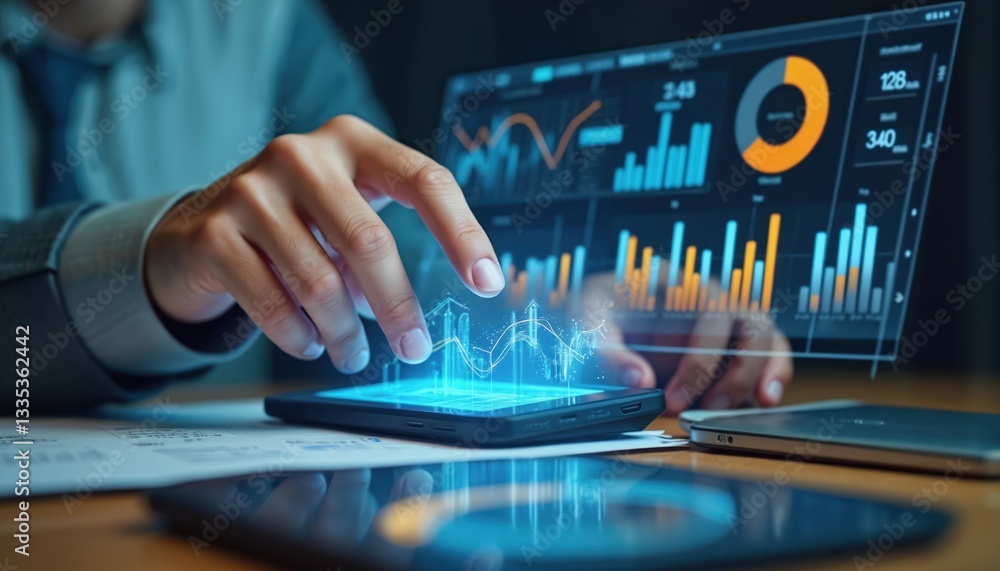Poster businessman touches dashboard data management to manage data. bar and graph show above smartphone. a
