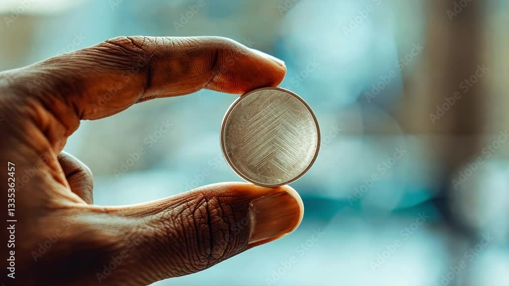 Poster hand holding coin with textured surface against blurred background focus and contemplation on intric