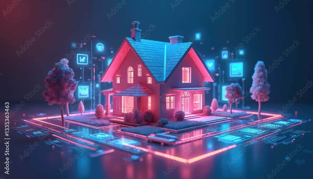 Poster Modern smart home systems interface on isolated background. Smart building automation, security. Digital remote control, monitoring electricity, energy consumption. Home future tech, generative AI